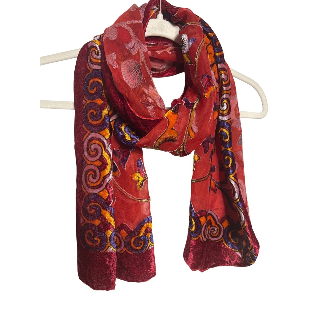 Vibrant Velvet Trimmed Silk Blend Floral Scarf Red Purple Orange 62" L 20" W